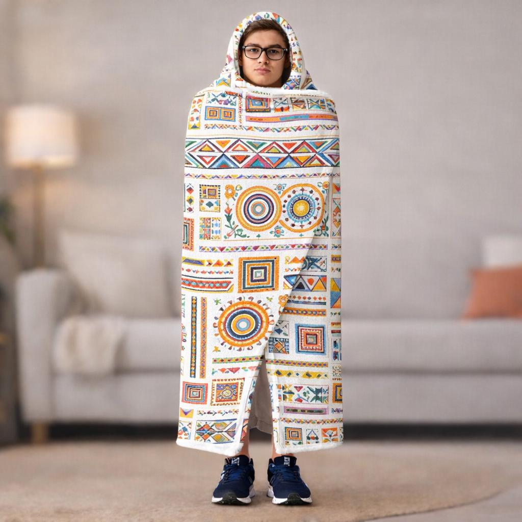 Boho Tribal Fleece Hooded Blanket, Oversized Wearable Blanket