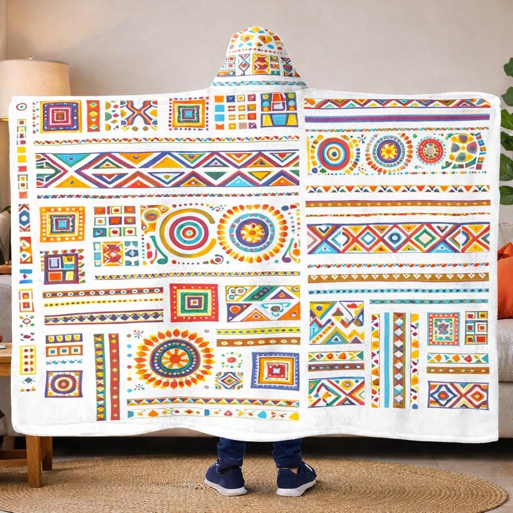 Boho Tribal Fleece Hooded Blanket, Oversized Wearable Blanket