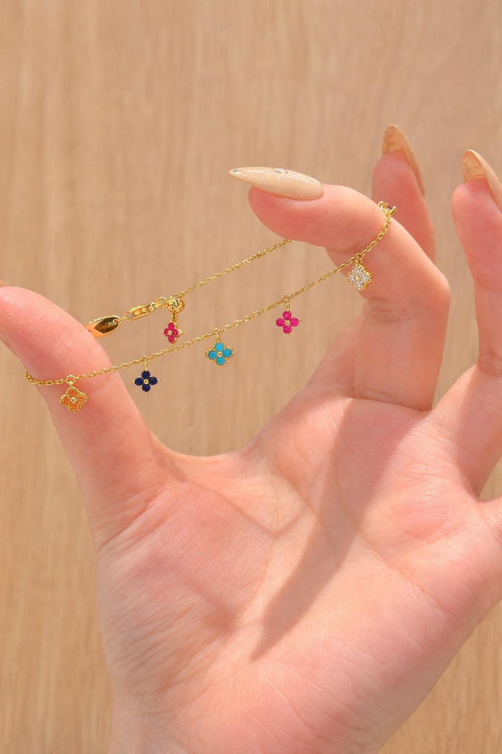 Colorful Diamond Clover Charm Bracelet, Gold-Tone Chain, Everyday Jewelry