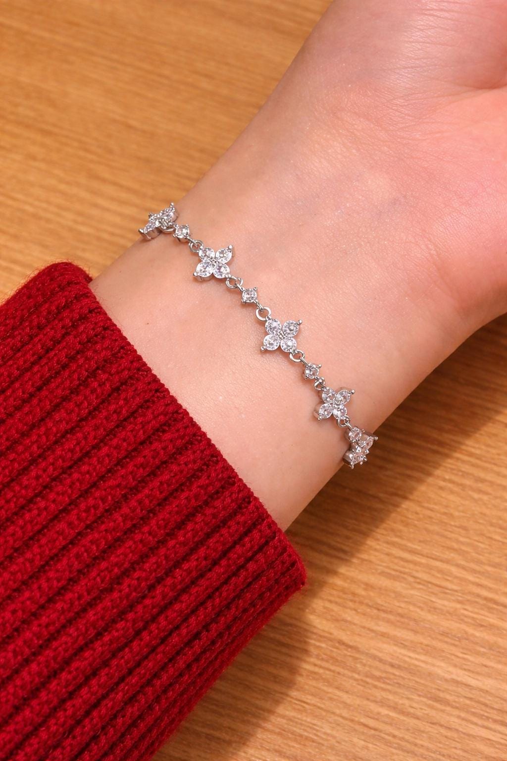 Sterling Silver Four Leaf Clover Bracelet, CZ Lucky Charm Jewelry