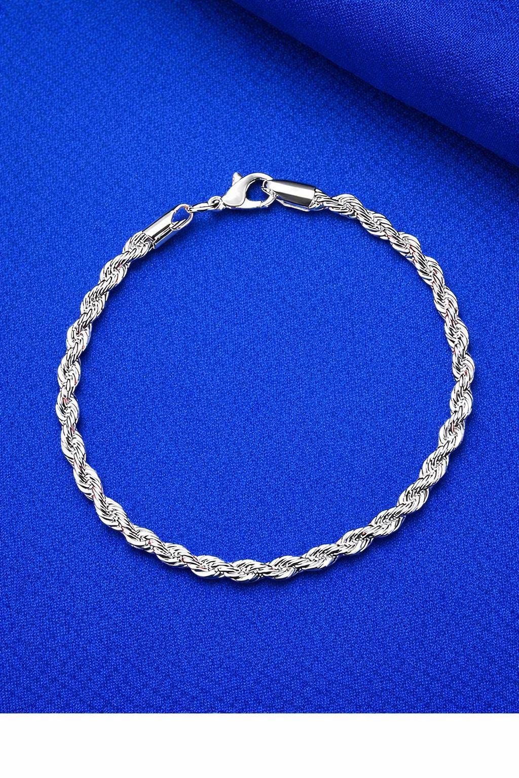 925 Sterling Silver Twisted Rope Chain Bracelet, Unisex Everyday Jewelry