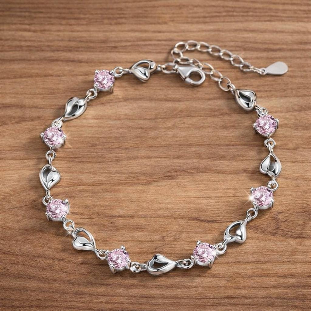 Sterling Silver Plated Heart Link Bracelet, Blue Crystal Charms, Korean Style Jewelry