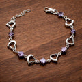 Sterling Silver Plated Heart Bracelet, Purple Zirconia, Elegant Romantic Jewelry