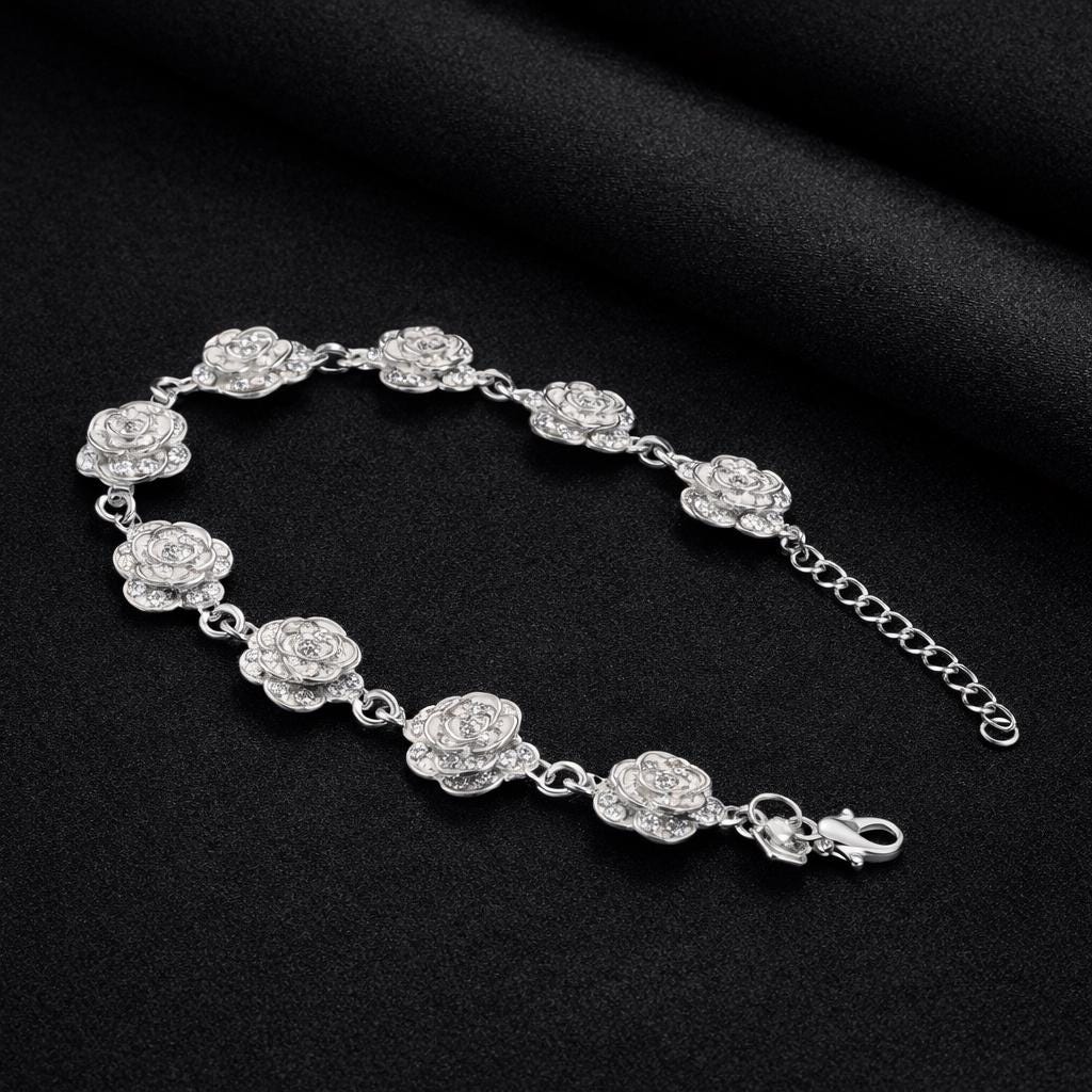 925 Sterling Silver Rose Bracelet, Adjustable Floral Charm Jewelry Gift