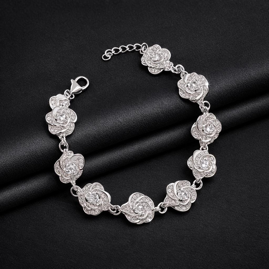 925 Sterling Silver Rose Bracelet, Adjustable Floral Charm Jewelry Gift