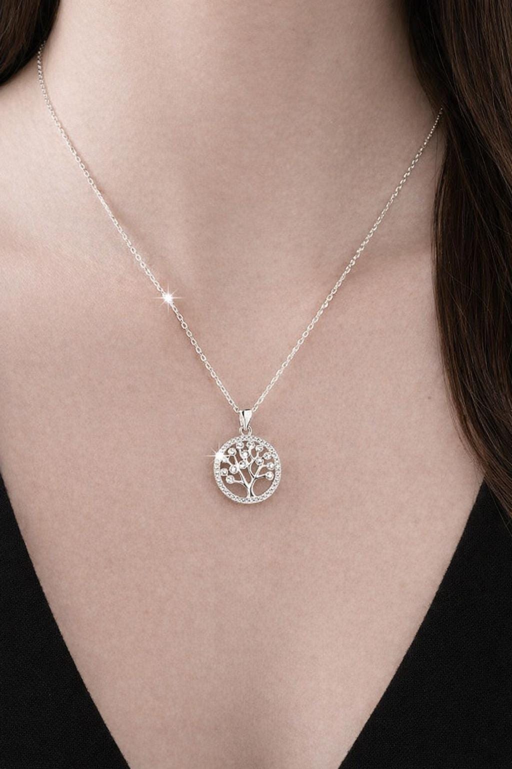 925 Sterling Silver Tree of Life Pendant Necklace, Round Zirconia, Minimalist Jewelry