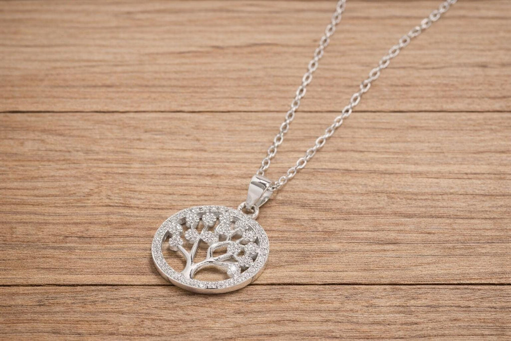 Tree of Life Pendant Necklace in 925 Sterling Silver, Round Zirconia, Minimalist Style