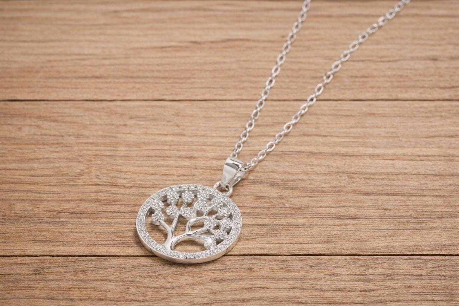 Tree of Life Pendant Necklace in 925 Sterling Silver, Round Zirconia, Minimalist Style