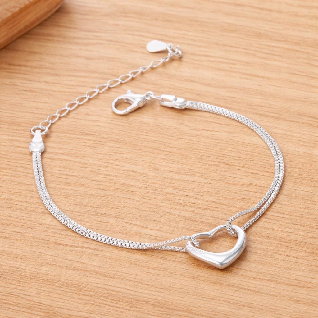 Minimalist 925 Sterling Silver Heart Jewelry Set, Matching Necklace Bracelet for Women