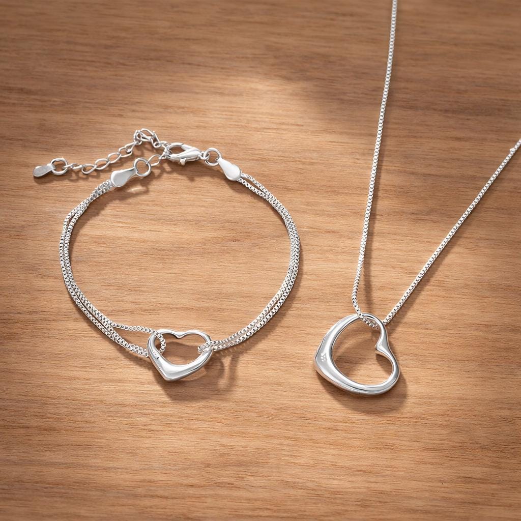 Minimalist 925 Sterling Silver Heart Jewelry Set, Matching Necklace Bracelet for Women