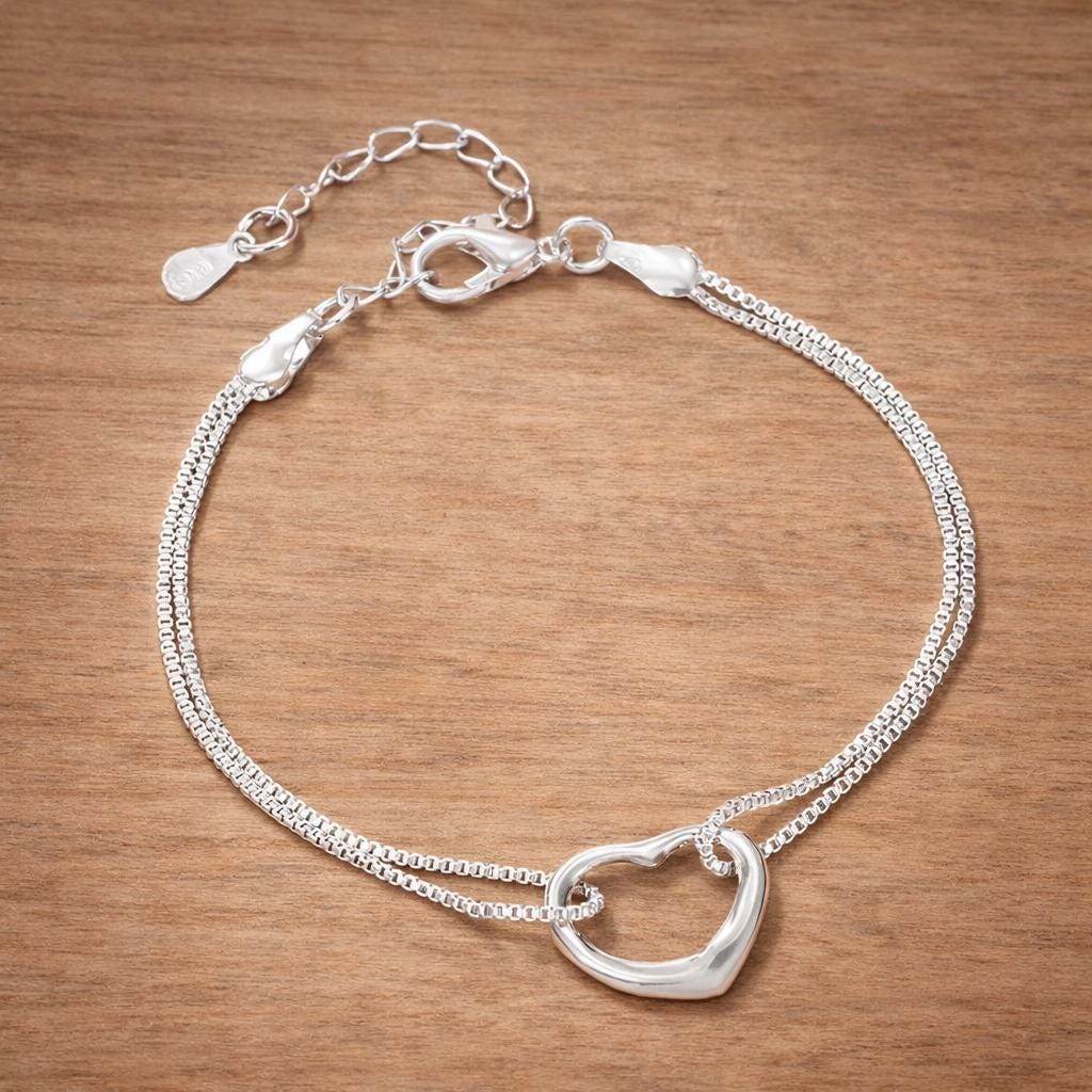 Minimalist 925 Sterling Silver Heart Jewelry Set, Matching Necklace Bracelet for Women