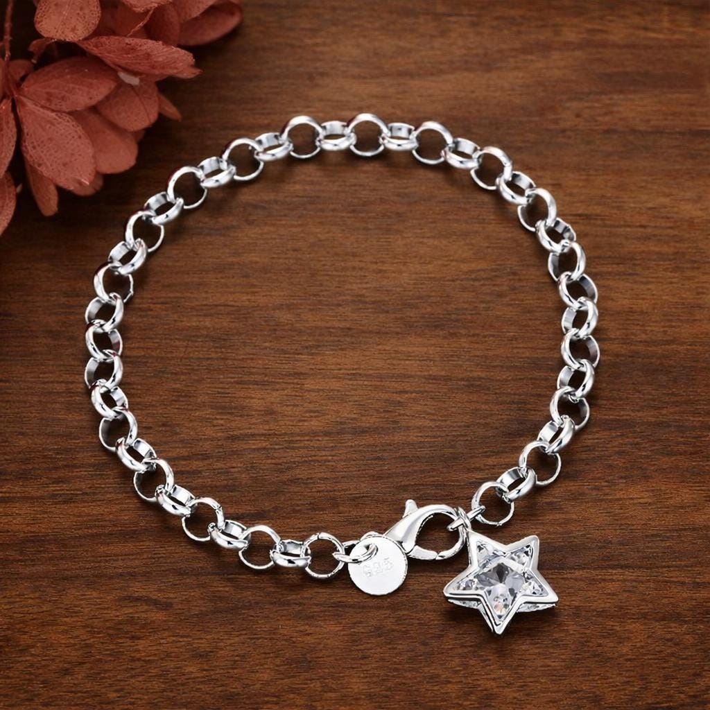925 Silver Plated Pentagram Star Crystal Bracelet, Celestial Gothic Charm Jewelry