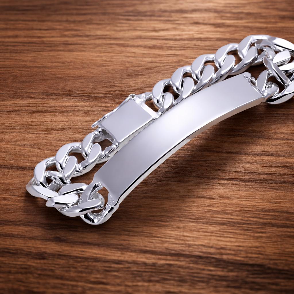 Sterling Silver ID Bracelet, 10mm Geometric Chain, Men's Modern Jewelry