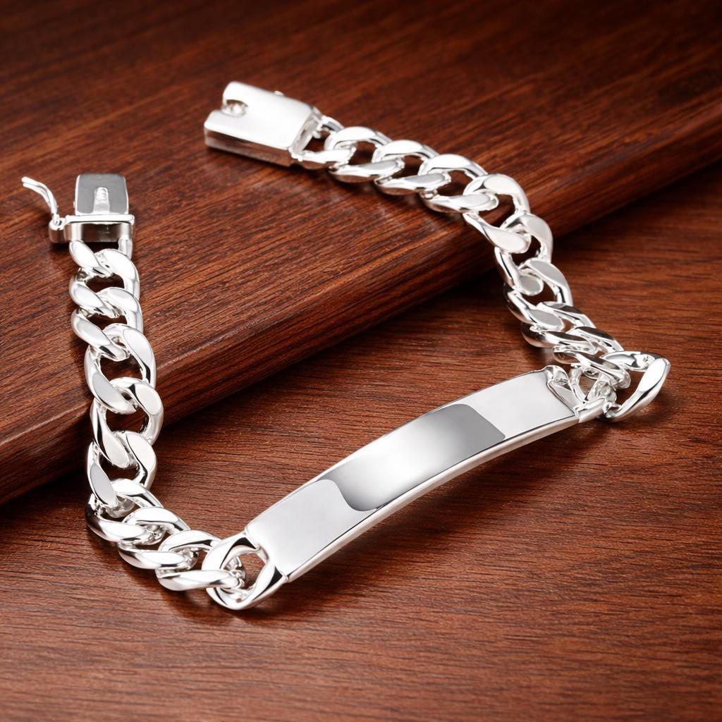 Sterling Silver ID Bracelet, 10mm Geometric Chain, Men's Modern Jewelry