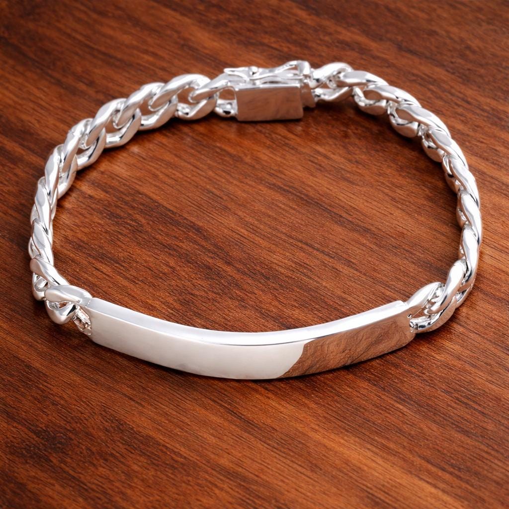 Sterling Silver ID Bracelet, 10mm Geometric Chain, Men's Modern Jewelry