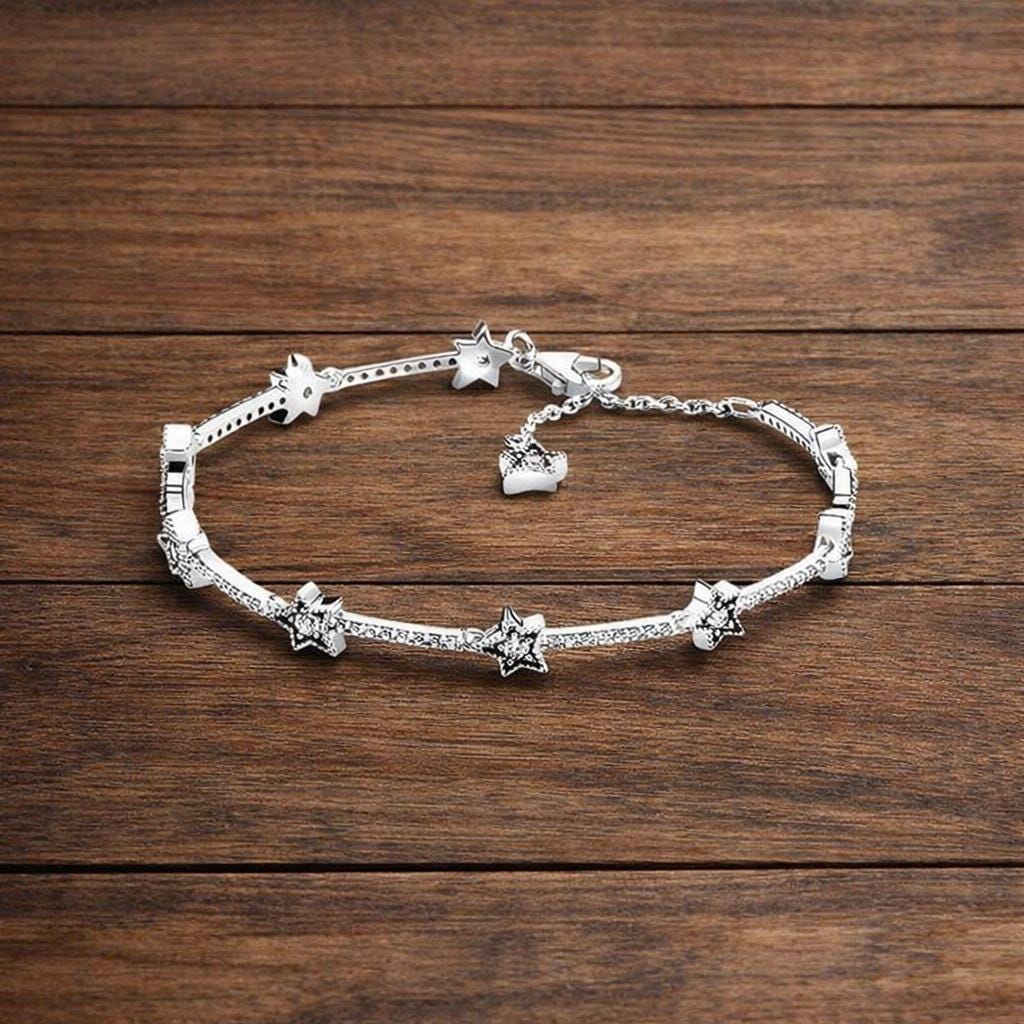 Sterling Silver Star Bracelet, Cubic Zirconia Snake Bone Chain, Minimalist Jewelry