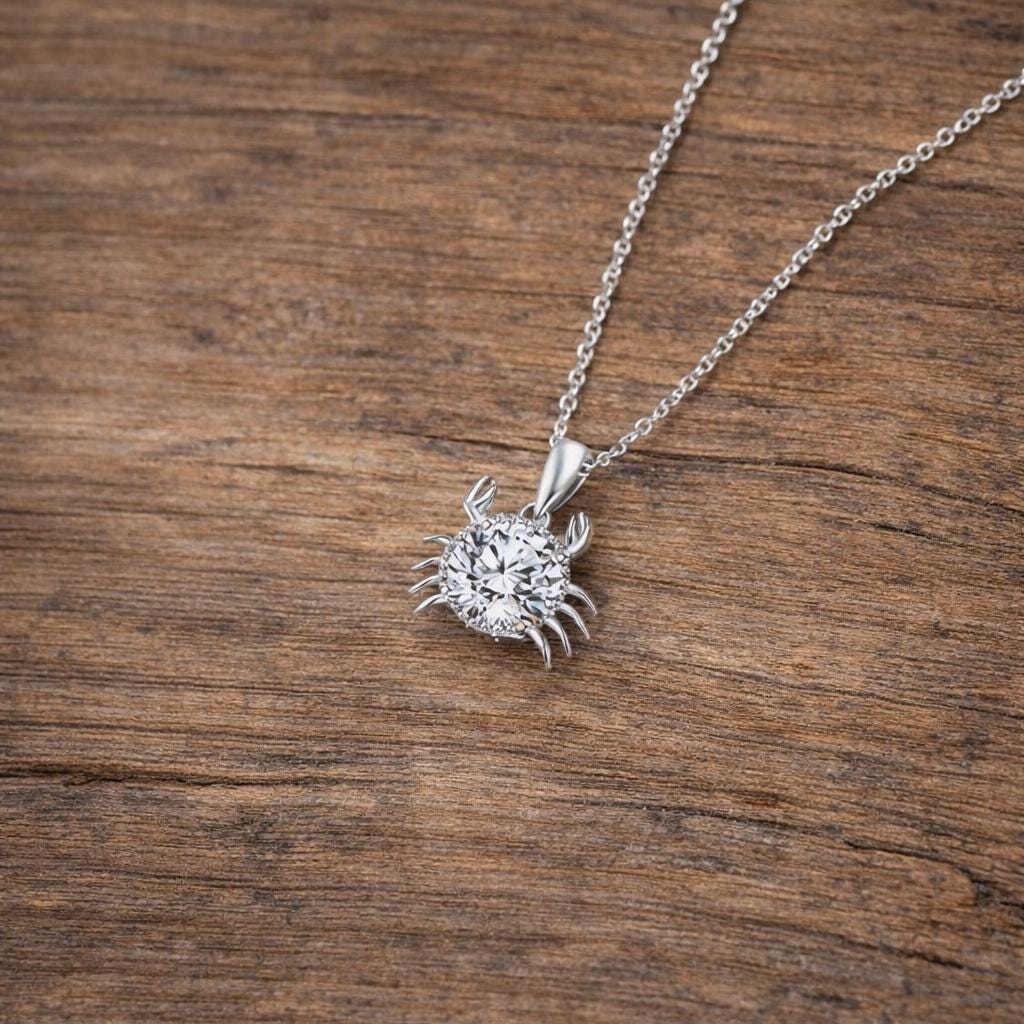 Sterling Silver Crab Pendant Necklace, 1 Carat Moissanite, Ocean Charm Jewelry