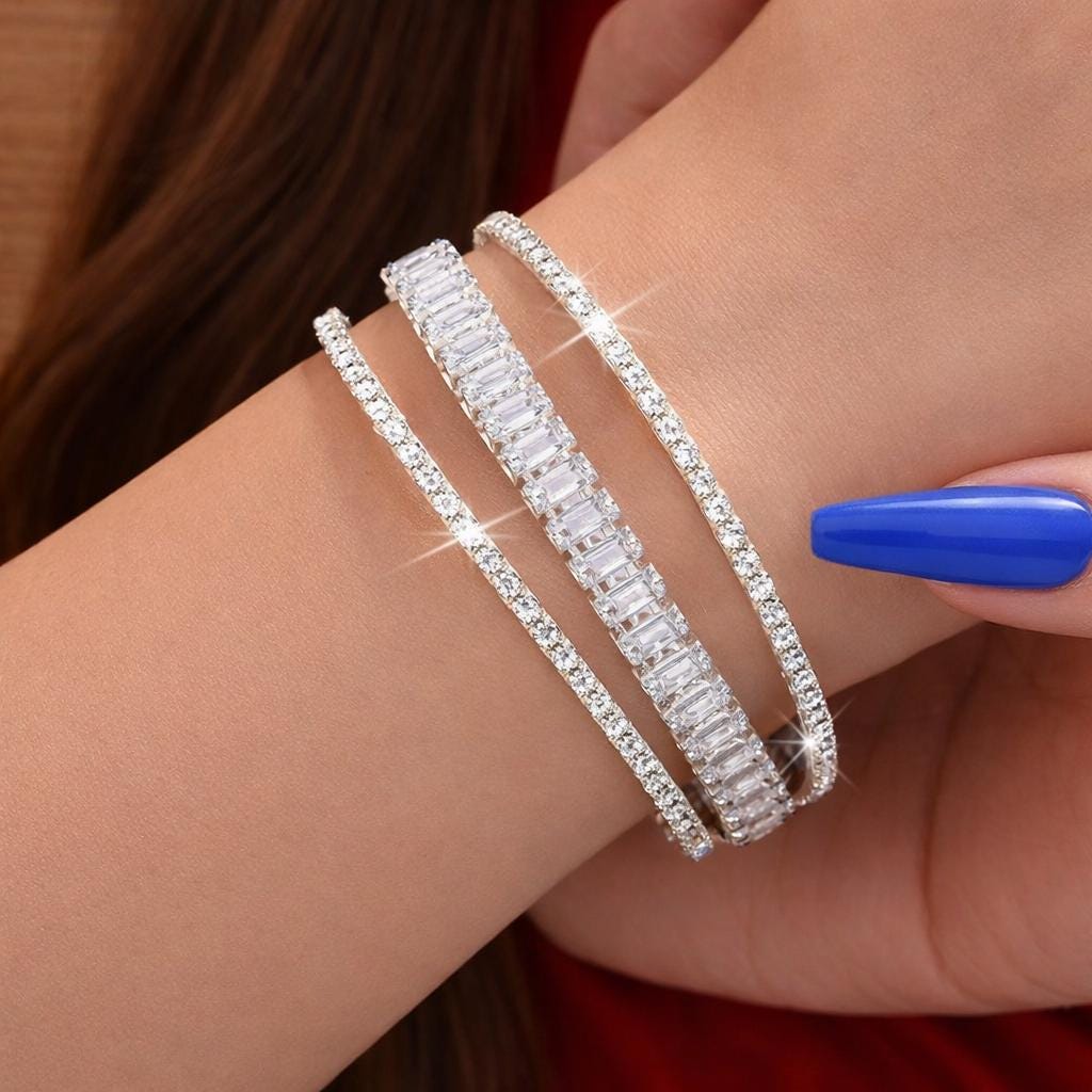 Multi Layer Zirconia Open Cuff Bracelet, Elegant Statement Bangle Jewelry