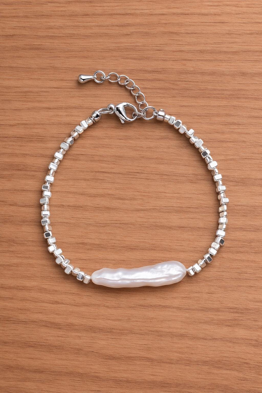 Sterling Silver Pearl Hematite Bracelet, Elegant Minimalist Women Jewelry