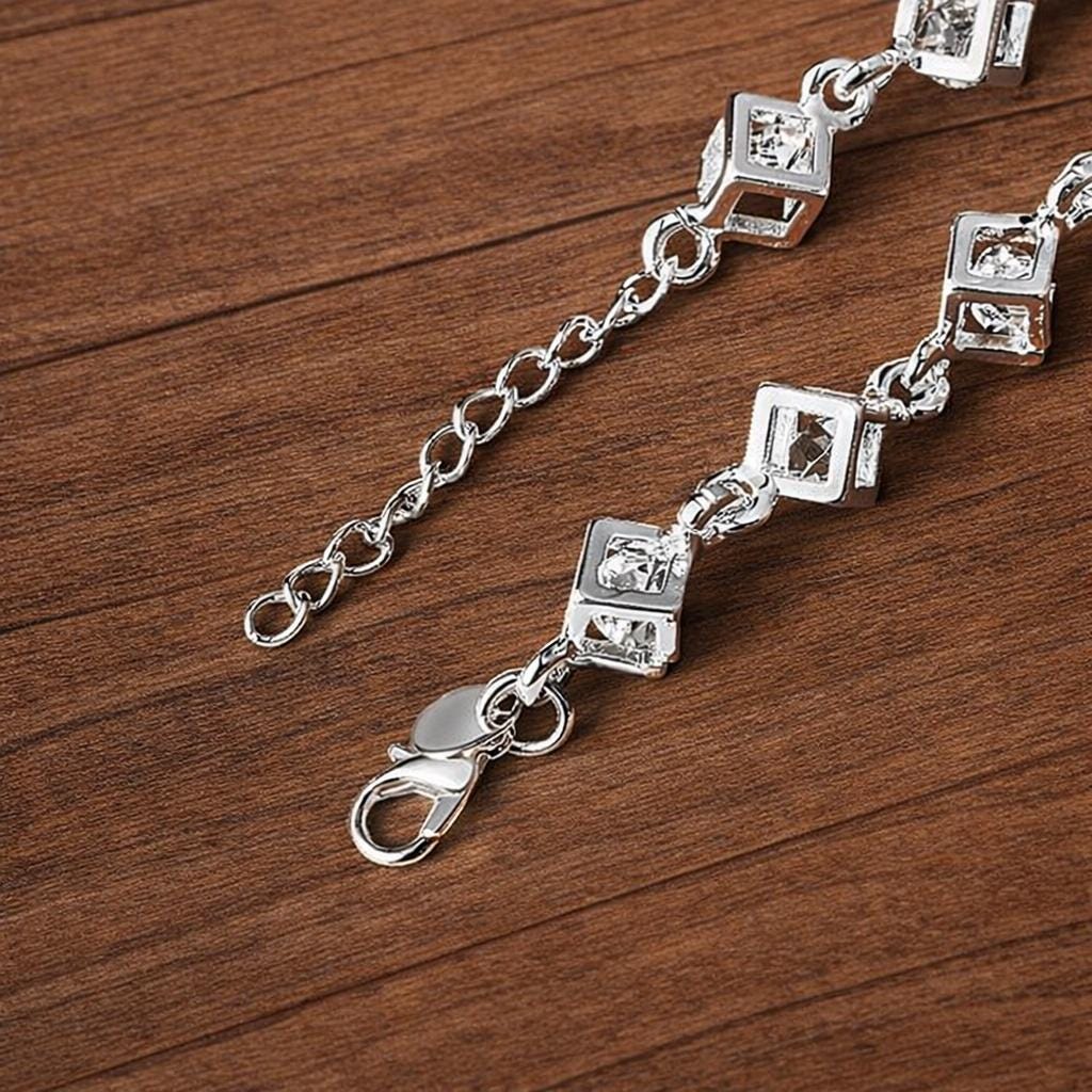 Silver Plated Cubic Zirconia Square Chain Bracelet, Modern Geometric Jewelry