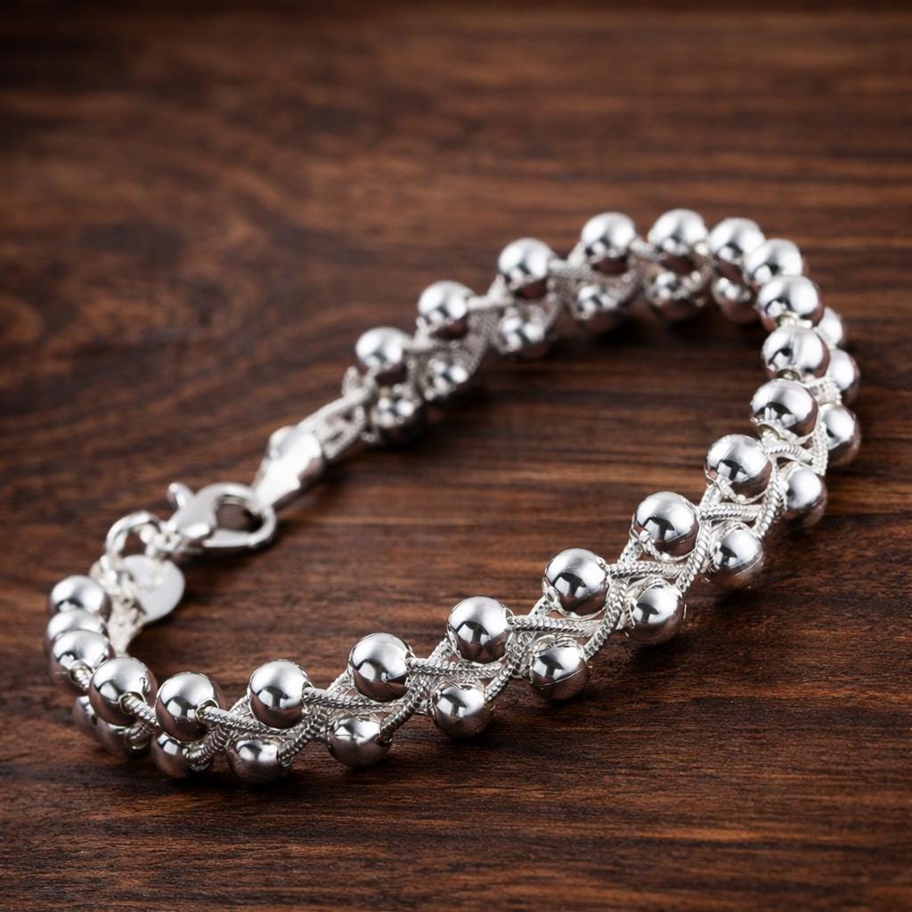 Silver Plated Charm Beads Chain Bracelet, Elegant Wedding Jewelry, Dainty Fashion Accessory
