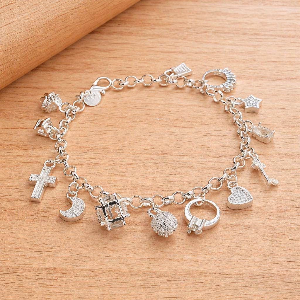 925 Sterling Silver Plated Charm Bracelet, Heart Lock Moon Cross, Minimalist Jewelry