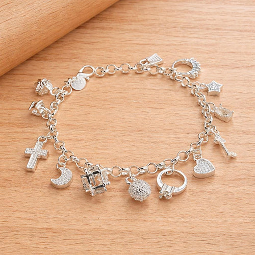 925 Sterling Silver Plated Charm Bracelet, Heart Lock Moon Cross, Minimalist Jewelry