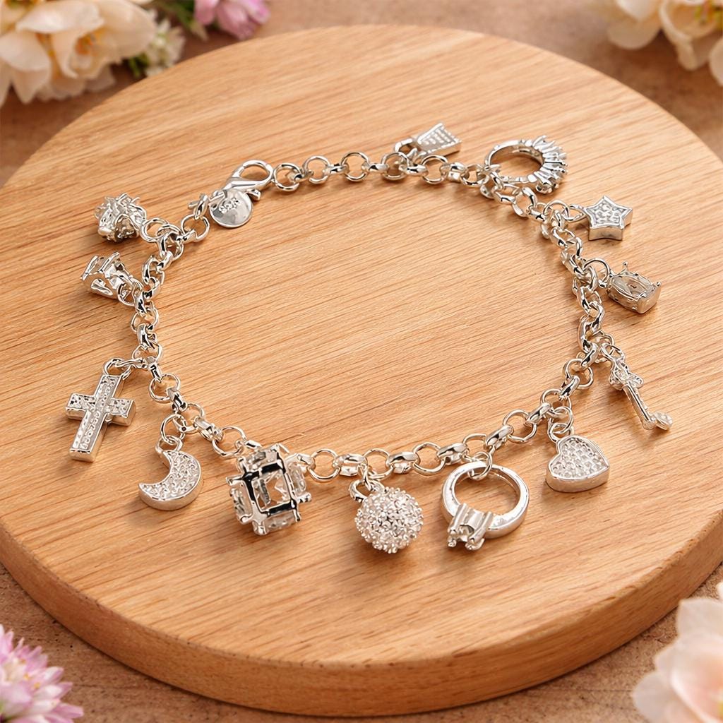 925 Sterling Silver Plated Charm Bracelet, Heart Lock Moon Cross, Minimalist Jewelry