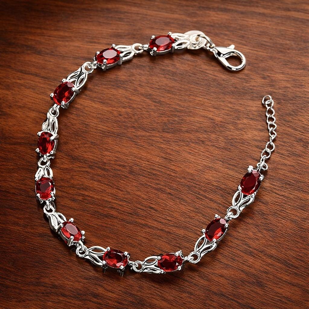 Sterling Silver Plated Red Zirconia Oval Bracelet, Elegant Minimalist Daily Wear
