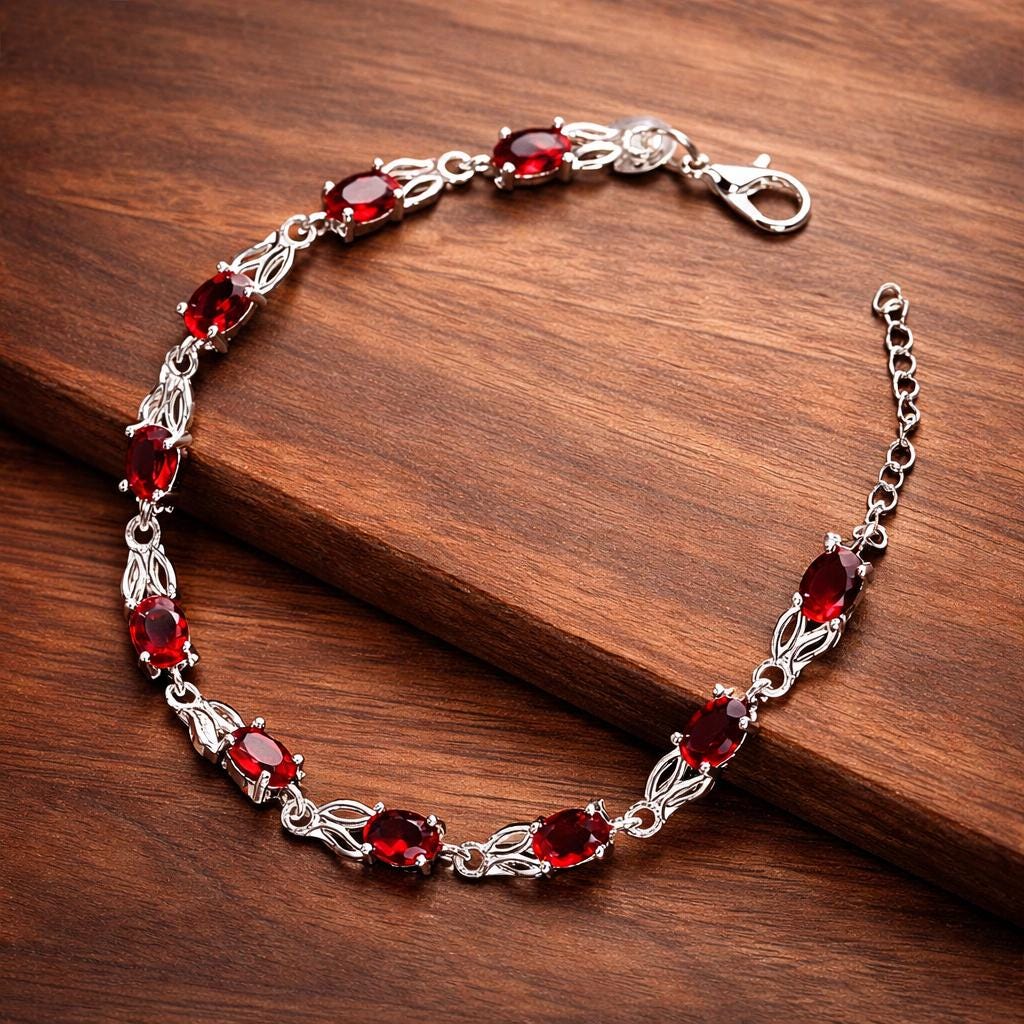 Sterling Silver Plated Red Zirconia Oval Bracelet, Elegant Minimalist Daily Wear