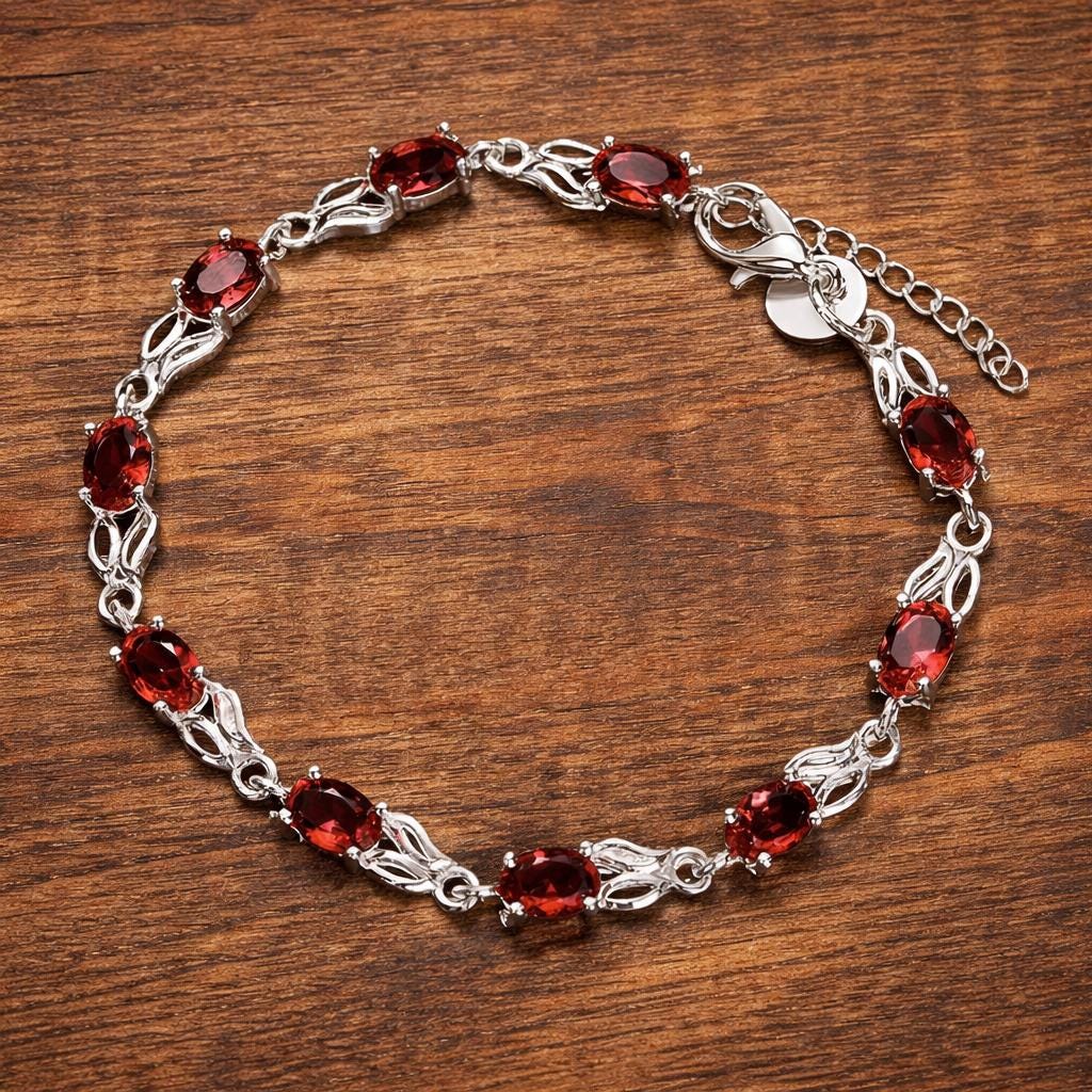 Sterling Silver Plated Red Zirconia Oval Bracelet, Elegant Minimalist Daily Wear