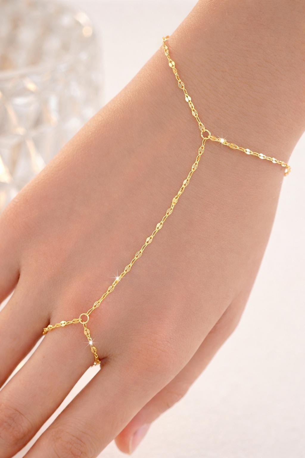 Sterling Silver Chain Ring Bracelet, Minimalist Hand Chain Jewelry