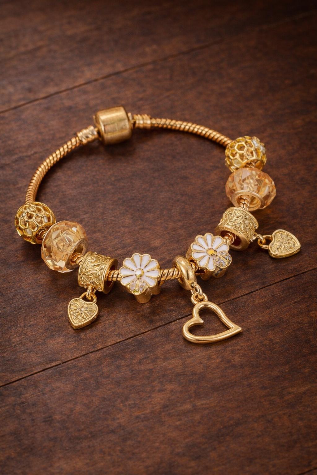 Gold-Toned Heart Flower Charm Bracelet, Romantic Beaded Jewelry