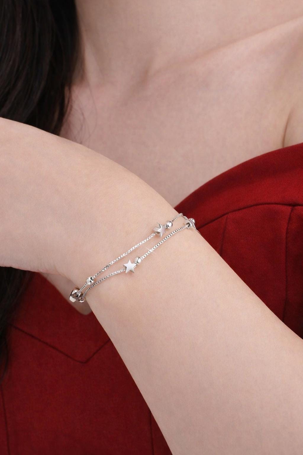 Sterling Silver Star Charm Bracelet, Dainty Double Chain Jewelry, Celestial Style, Women's Accessory