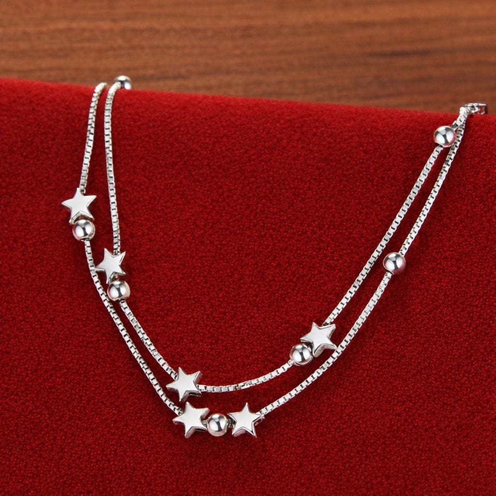 Sterling Silver Star Charm Bracelet, Dainty Double Chain Jewelry, Celestial Style, Women's Accessory