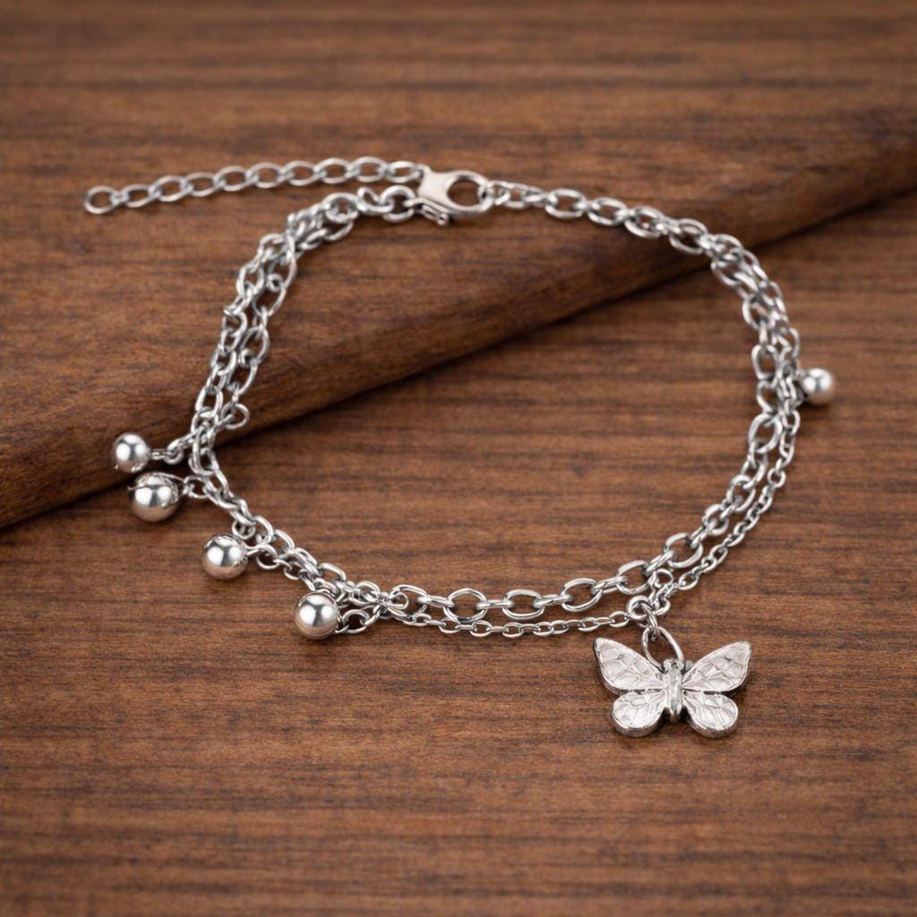 Sterling Silver Butterfly Bell Bracelet, Dainty Minimalist Chain Jewelry