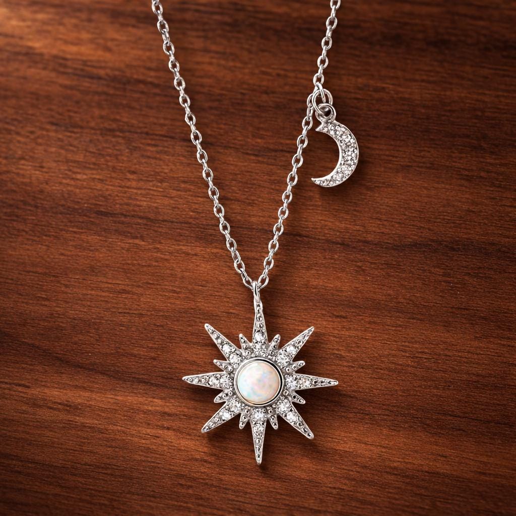 Sterling Silver Star Moon Opal Necklace, Celestial Minimalist Pendant Jewelry