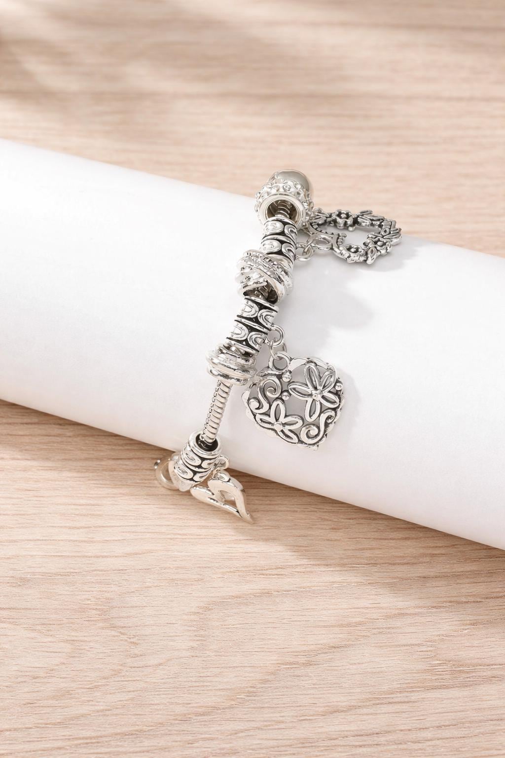 Sterling Silver Heart Charm Bangle Bracelet, Adjustable Beaded Nature Jewelry