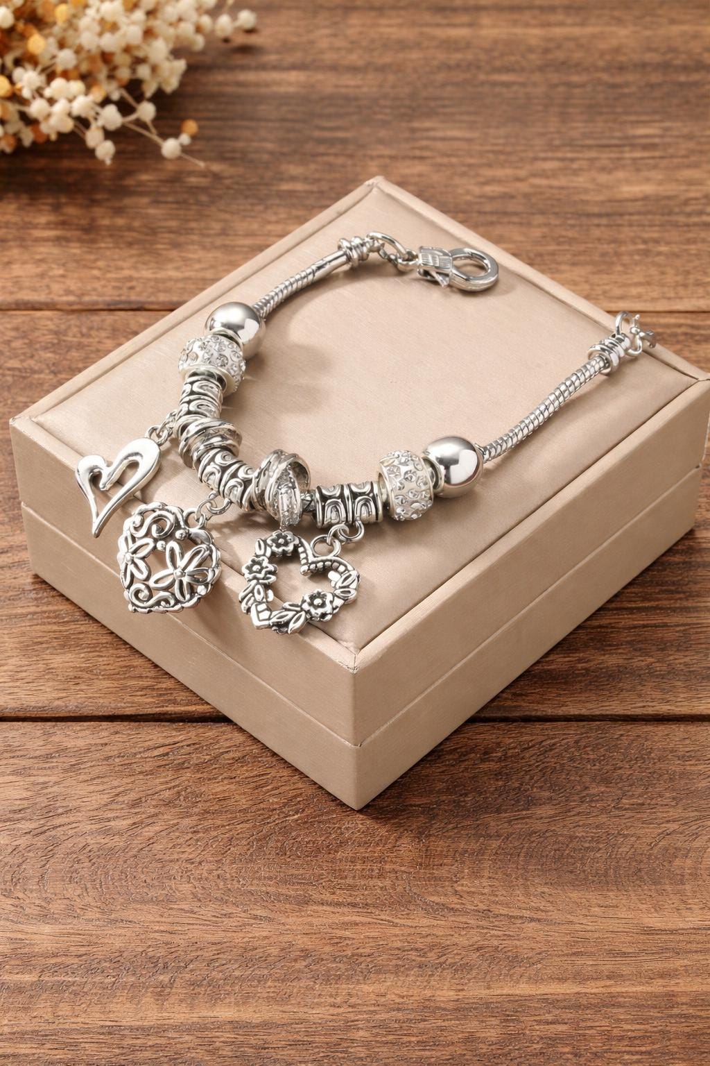Sterling Silver Heart Charm Bangle Bracelet, Adjustable Beaded Nature Jewelry