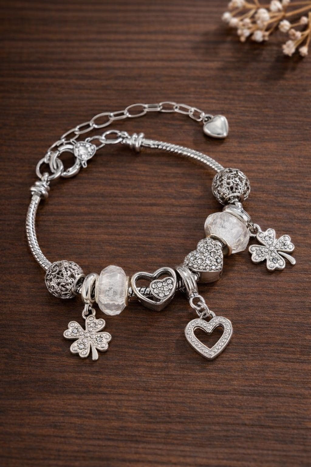Heart Charm Bangle Bracelet, Natural Fresh Style, Adjustable Women's Jewelry
