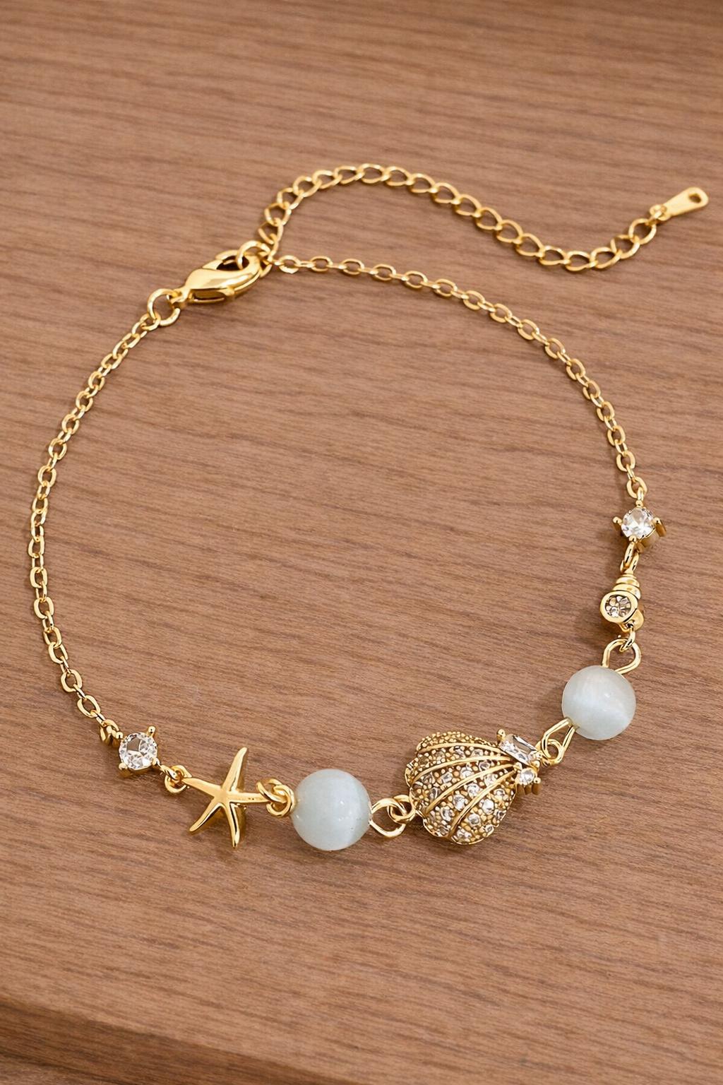 18K Gold Ocean Star Shell Bracelet, Cat Eye Stone CZ Boho Beach Jewelry
