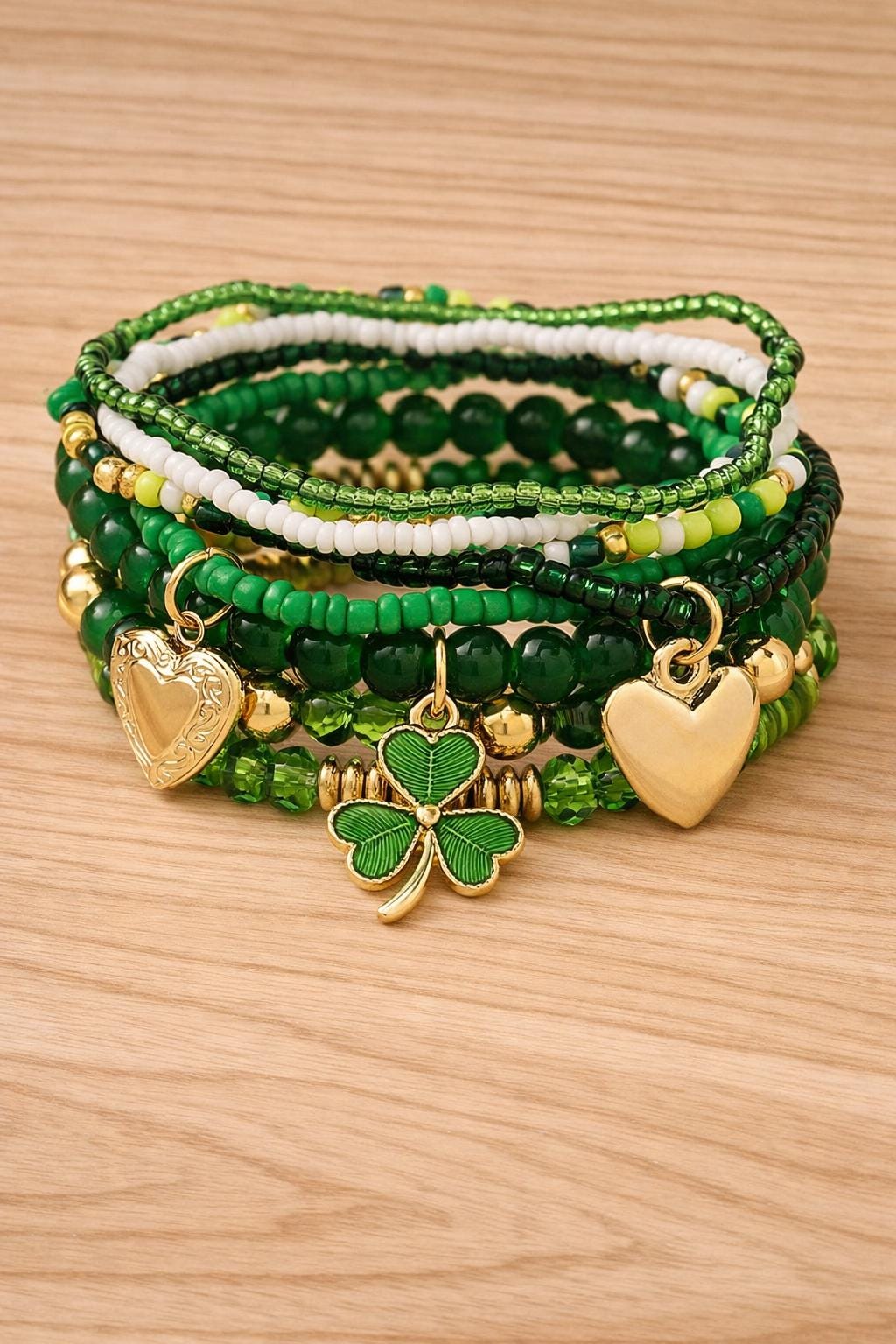 Green Beaded Bracelet Set, Trefoil Heart Charm Stack, St Patrick's Day Jewelry