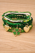 Green Beaded Bracelet Set, Trefoil Heart Charm Stack, St Patrick's Day Jewelry