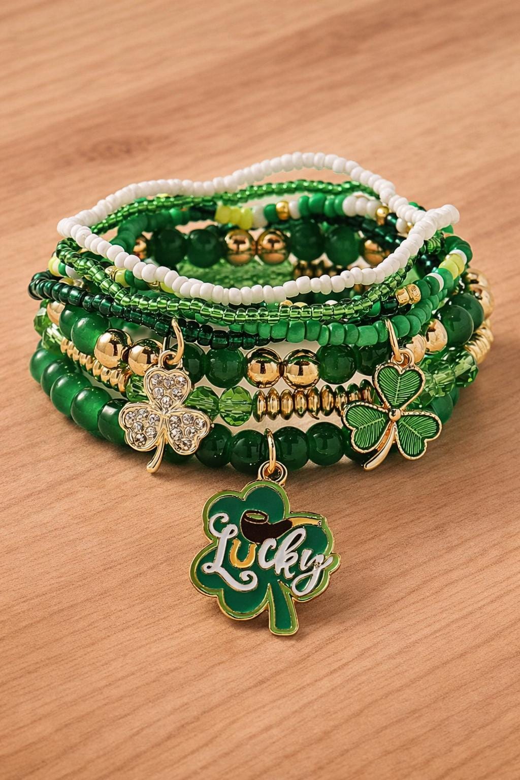 Green Beaded Bracelet Set, Trefoil Heart Charm Stack, St Patrick's Day Jewelry