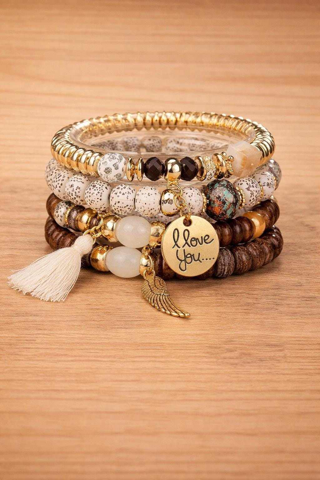 Boho Multilayer Beaded Bracelet Set, Tassel & Alloy Charm Stack (4PCS)