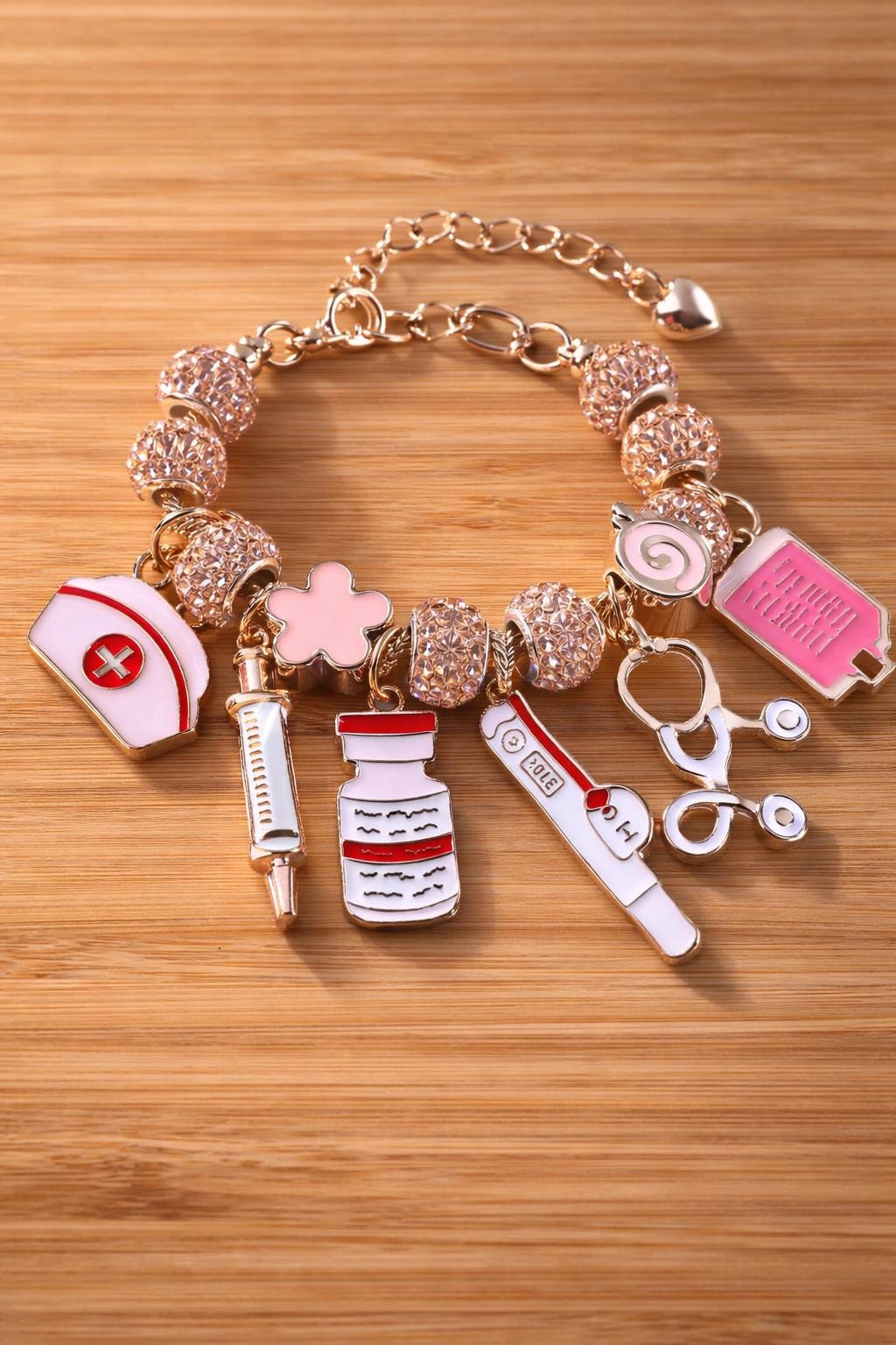 Pink Nurse Charm Bracelet, Medical Theme Jewelry, Stethoscope Syringe Pendant, Cosplay Accessory
