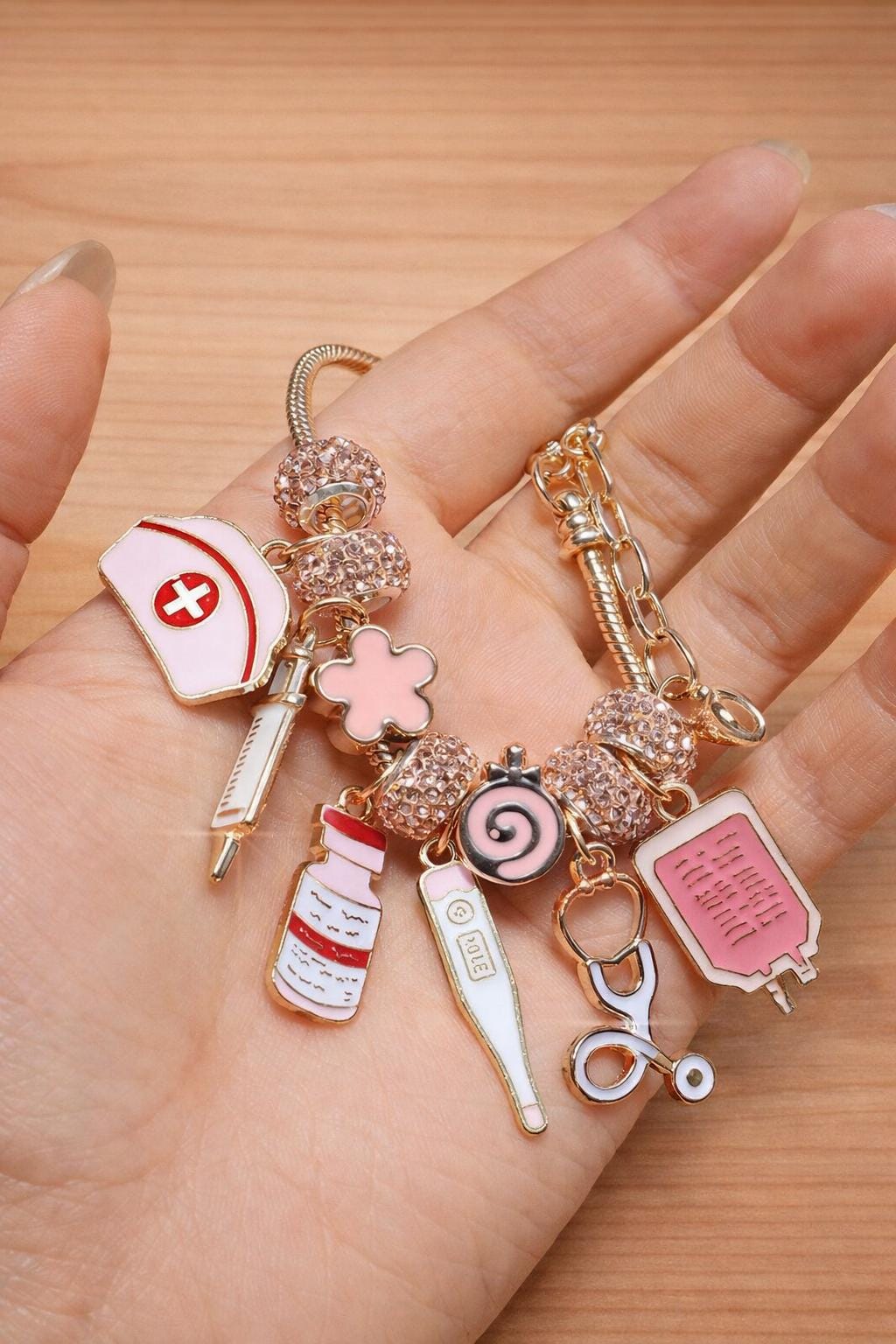 Pink Nurse Charm Bracelet, Medical Theme Jewelry, Stethoscope Syringe Pendant, Cosplay Accessory