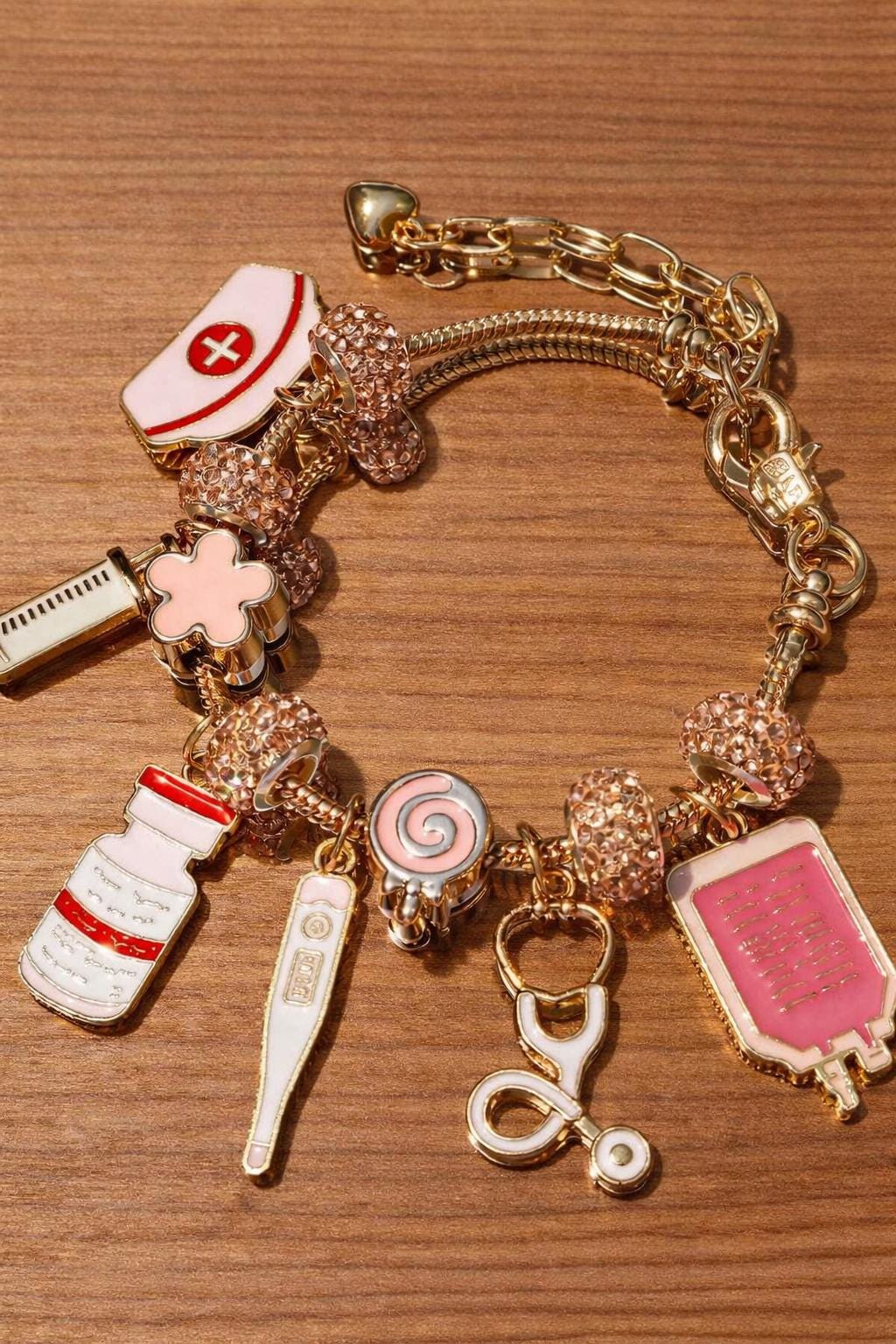 Pink Nurse Charm Bracelet, Medical Theme Jewelry, Stethoscope Syringe Pendant, Cosplay Accessory