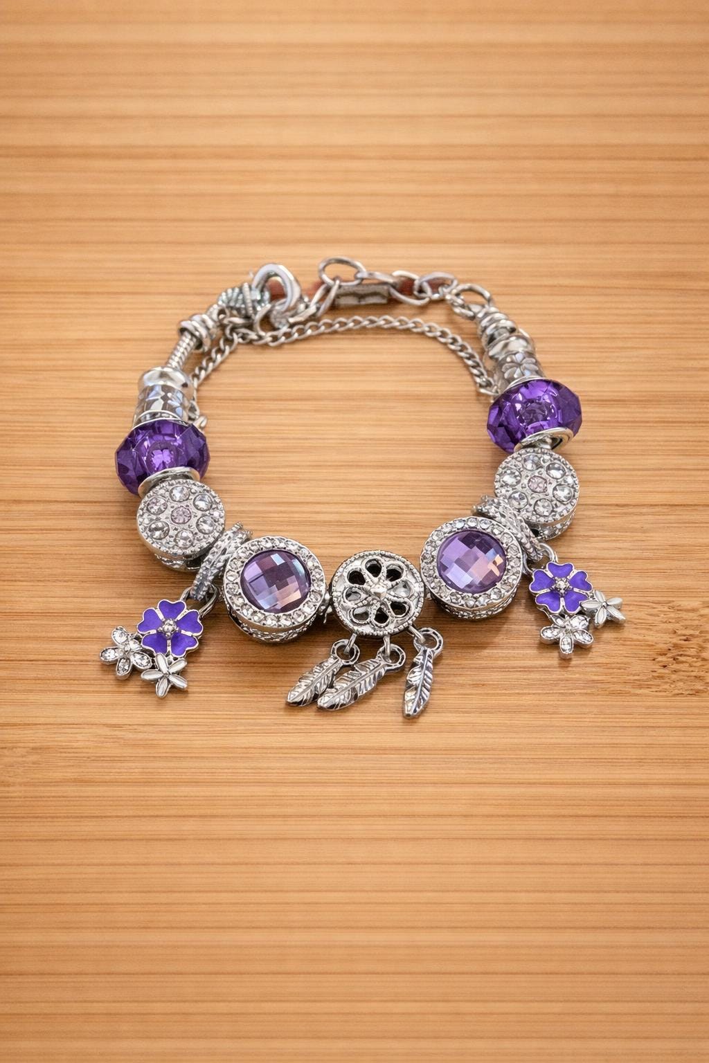 Dreamcatcher Purple Bead Bracelet, Sakura Charm, Adjustable Snake Chain, Boho Jewelry Gift
