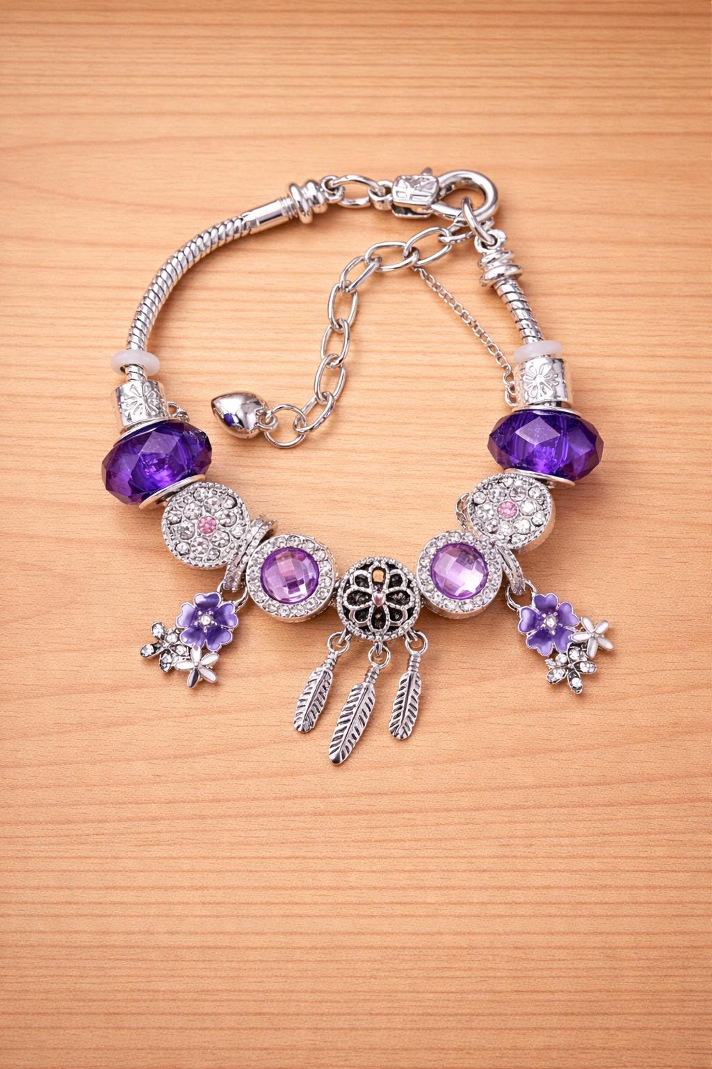 Dreamcatcher Purple Bead Bracelet, Sakura Charm, Adjustable Snake Chain, Boho Jewelry Gift